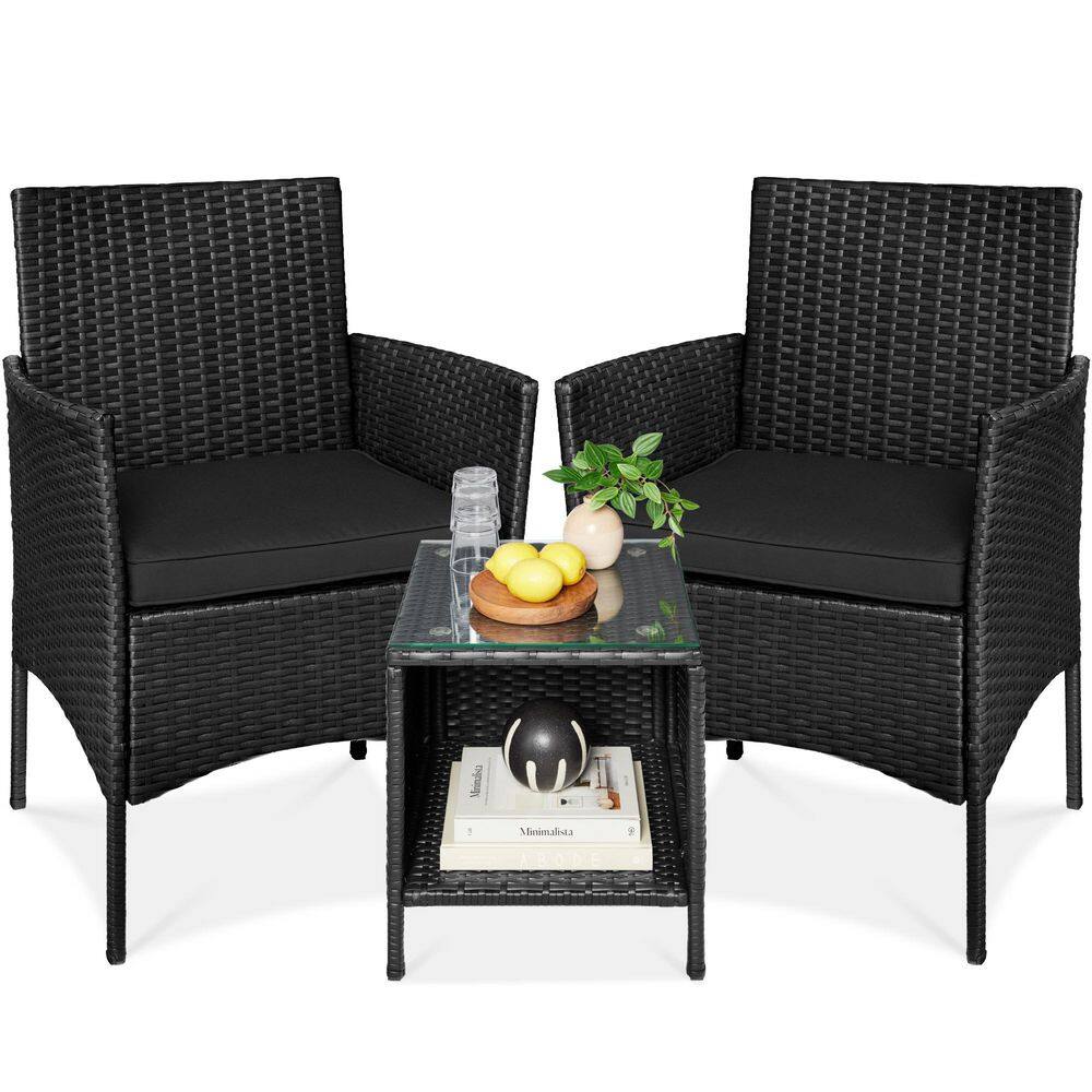 3-Piece Outdoor Wicker Conversation Patio Outdoor Bistro Set, with 2 Chairs, Table, Cushions-Black/Black - L3 - 1969