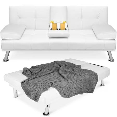 Best Choice Products Modern Faux Leather Convertible Futon Sofa w/ Removable Armrests, 2 Cupholders - White - H8 - 1087