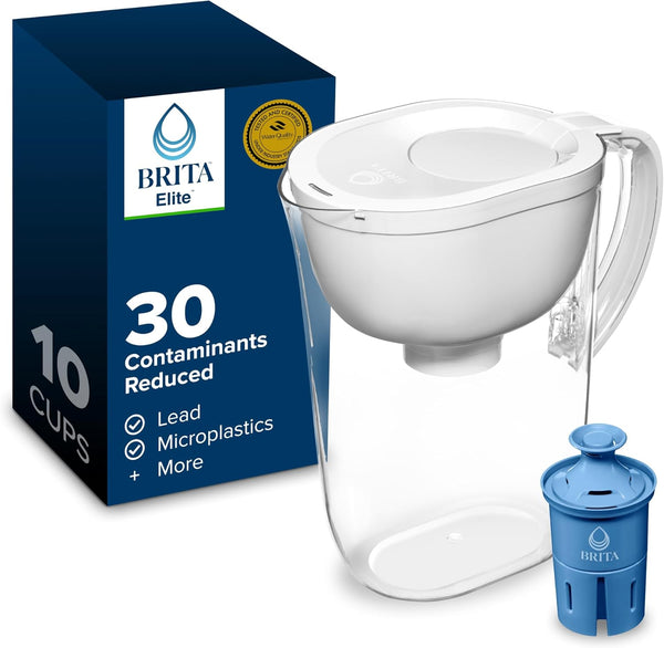 Brita Large 10-Cup Water Filter Pitcher, WQA NSF/ANSI Certified, Reduces 99% of Lead, Microplastics, & 30 Contaminants, BPA-Free, Removes Chlorine Taste & Odor, 1 Normal Filter, White - K3 - 1420