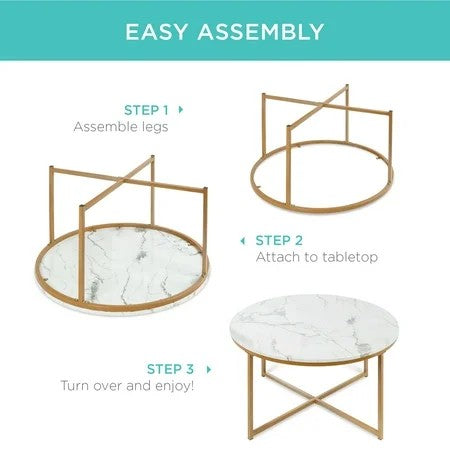 Best Choice Products 36in Faux Marble Modern Round Living Room Accent Coffee Table w/ Metal Frame - White/Bronze Gold 1813