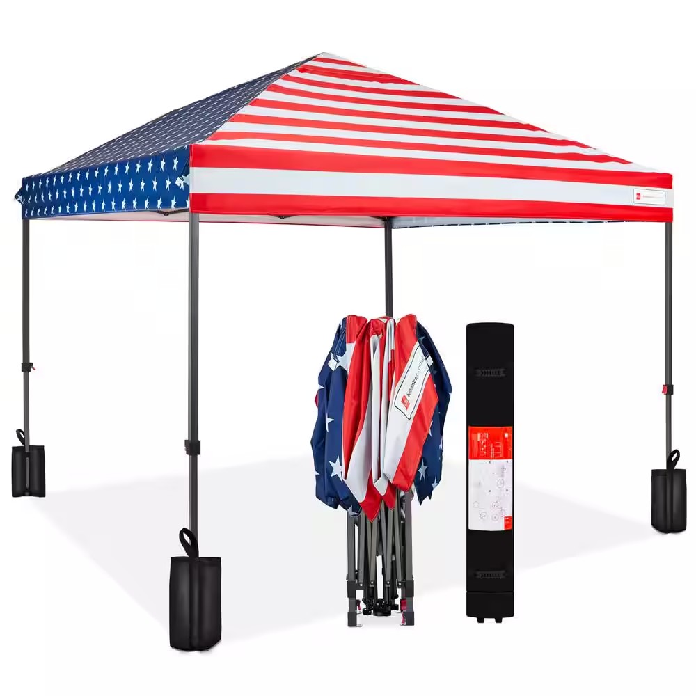 10 ft. x 10 ft. American Flag Easy Setup Pop Up Canopy Instant Portable Tent w/1-Button Push and Carry Case - K1 - 1943
