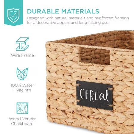 Best Choice Products Set of 2 16in Woven Water Hyacinth Pantry Baskets w/ Chalkboard Label, Chalk Marker - Natural - E2 - 1658 -J13-1912
