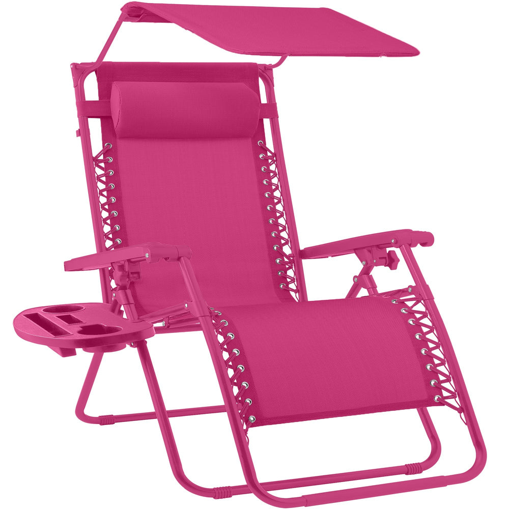 Folding Zero Gravity Recliner Patio Lounge Chair W/ Canopy, Side Tray - Ultimate Pink - M8 - 1959