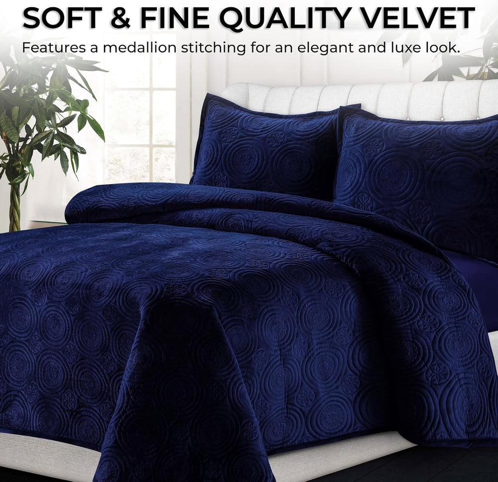 Tribeca Living Oversized Velvet Quilt Set Queen - Buttery Soft 260GSM Velvet Bedding for Luxurious Comfort - Double-Sided Capri Medallion Quilted Design in Rich Navy Blue - D11 - 1560