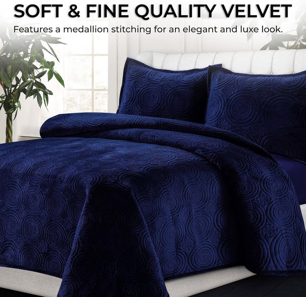 Tribeca Living Oversized Velvet Quilt Set Queen - Buttery Soft 260GSM Velvet Bedding for Luxurious Comfort - Double-Sided Capri Medallion Quilted Design in Rich Navy Blue - D11 - 1560