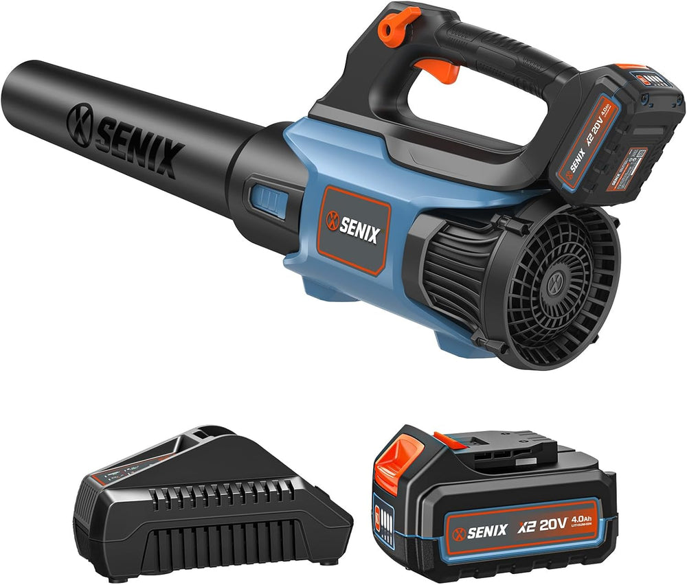 SENIX 20V Max Leaf Blower, Cordless, Brushless, Handheld, Up to 350 CFM and 80 MPH, 2 Speed Mode, Cruise Control, Lightweight, 4.0 Ah Battery and Charger Included (BLAX2-M) 1503