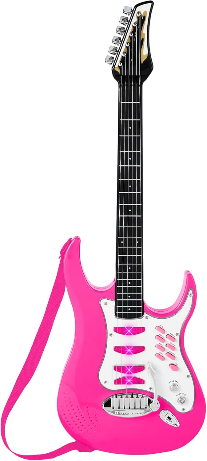 Best Choice Products Toy Kids Guitar Play Set Bundle, Pretend Play Toddler Electric Guitar Kit with Interactive Microphone, Amp, Whammy Bar, 6 Demo Songs and 2 Sticker Sheets - Pink - G11 - 1088