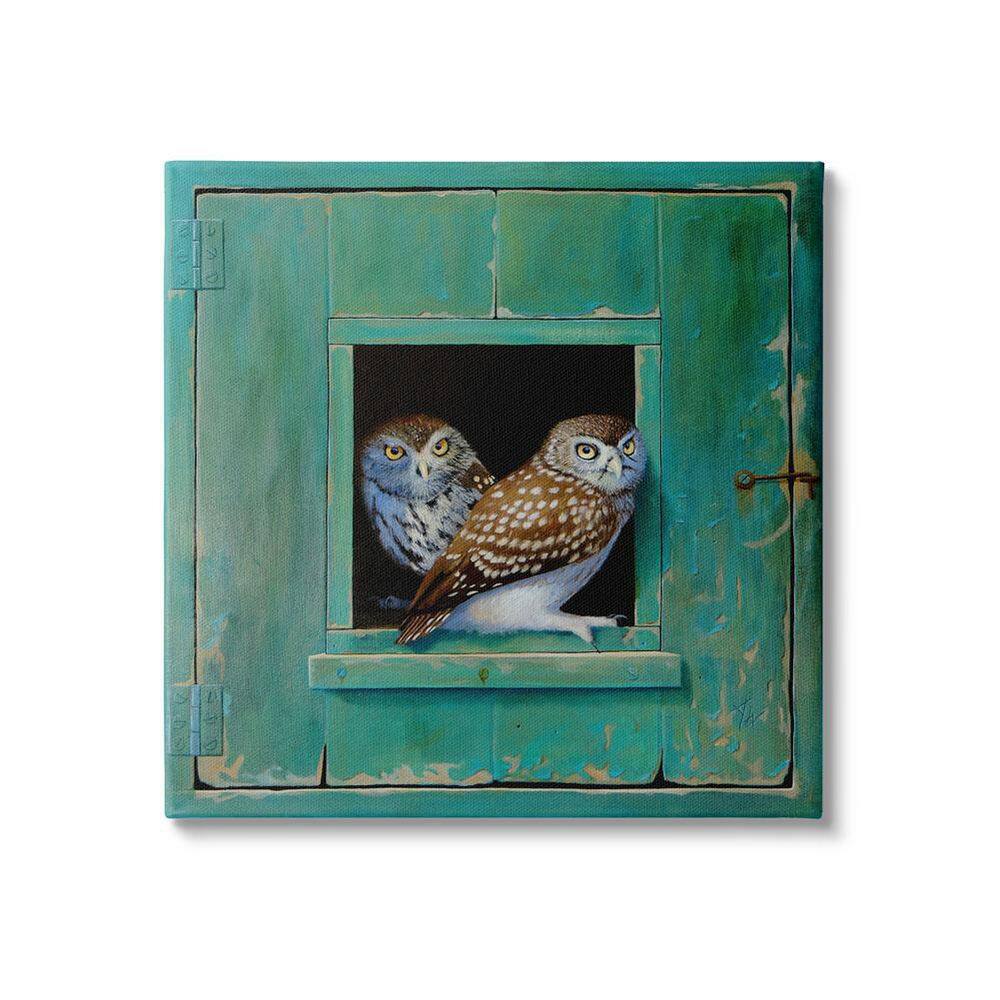 Spotted Owls Perched Rustic Green Door Ledge by Alan Weston Unframed Animal Art Print 24 in. x 24 in. -F10-0910