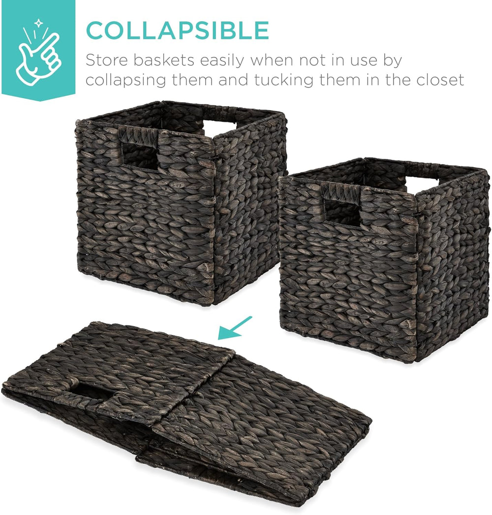 Best Choice Products 13x13in Pack of 5 Cube Storage Baskets, Water Hyacinth Multipurpose Collapsible Organizers, Handwoven Laundry Totes for Laundry, Living Room, Kids Room & Nursery - Black - A10 - 1473