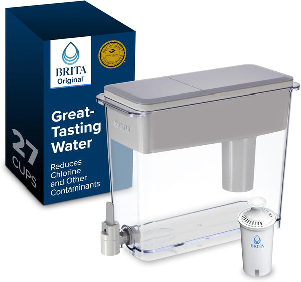 Brita Extra-Large 27-Cup Water Filter Dispenser with Standard Filter, WQA NSF/ANSI Certified, Removes Chlorine Taste & Odor, Reduces Zinc Copper & Mercury, BPA-Free, 1 Filter Included, Lasts 2 Months - K3 - 1422