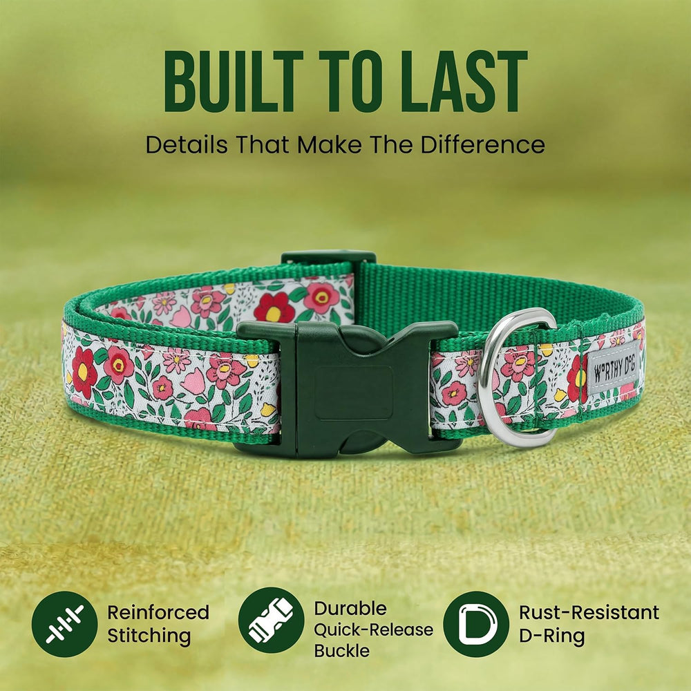 THE WORTHY DOG Adjustable Dog Collar for Medium Dogs, Durable Nylon Webbing, Quick Release Buckle, Spring Garden Floral Pattern, Coral, Medium -F10-1873