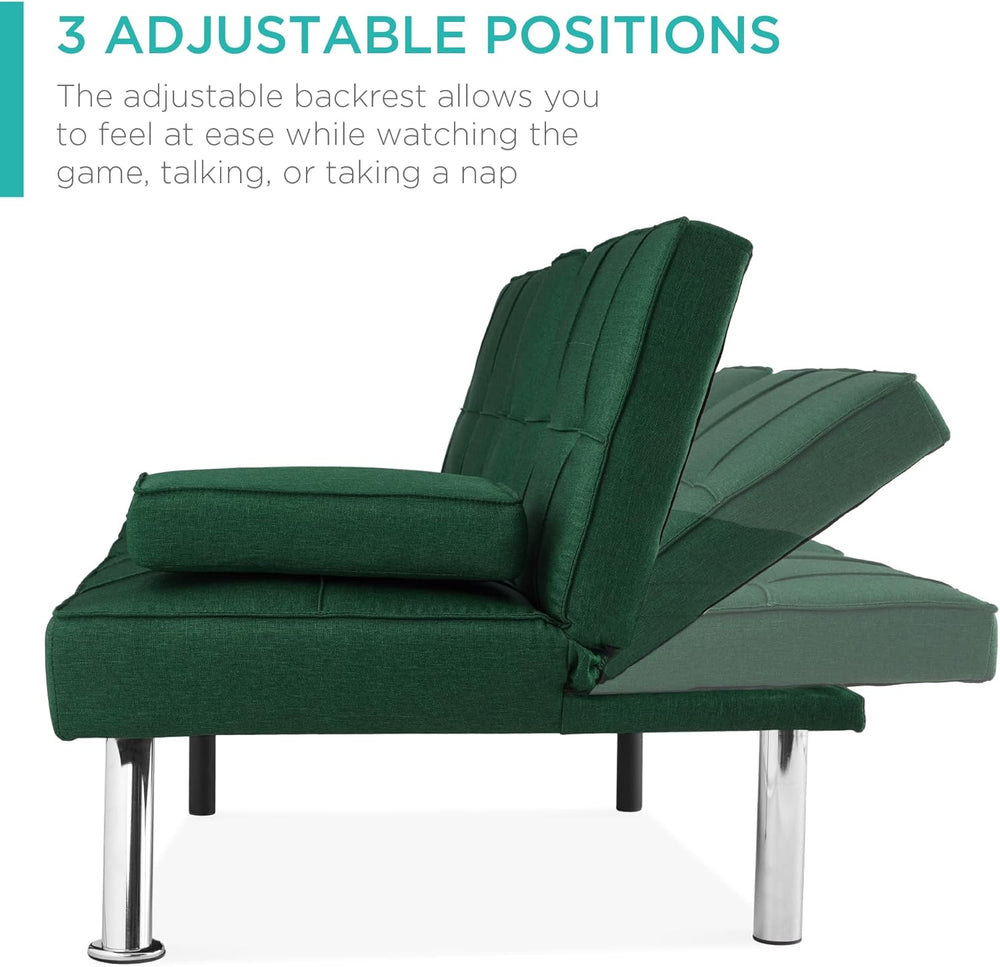 Best Choice Products Linen Modern Folding Futon, Reclining Sofa Bed for Apartment, Dorm w/Removable Armrests, 2 Cupholders - Dark Green 1488