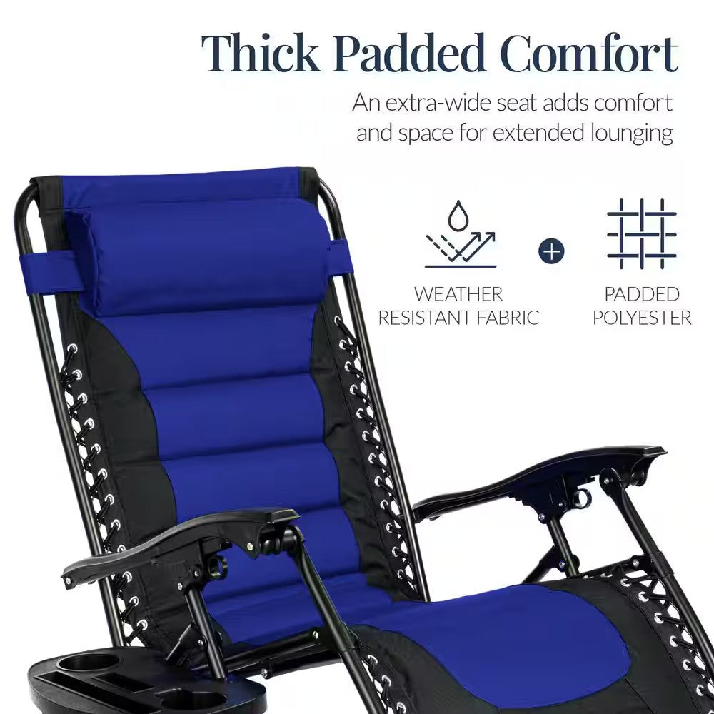 Oversized Padded Zero Gravity Blue Metal Reclining Outdoor Lawn Chair w/Side Tray - H3 - 1613