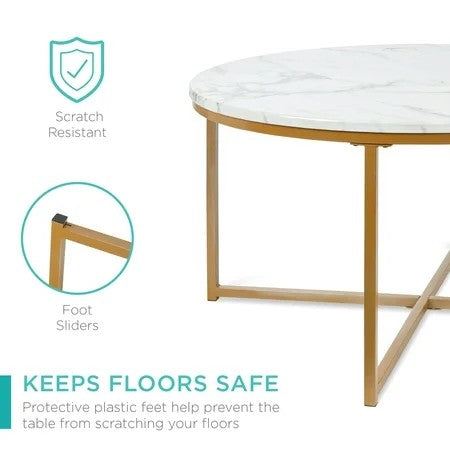 Best Choice Products 36in Faux Marble Modern Round Living Room Accent Coffee Table w/ Metal Frame - White/Bronze Gold 1813