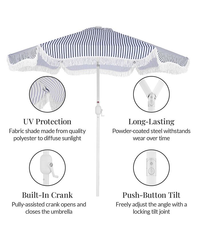 Best Choice Products 9ft Fringe Market Umbrella   Boho Patio Sunshade w/ Tilt, UPF50+, Steel Pole for Table, Pool, Deck - Blue - E7 - 1036