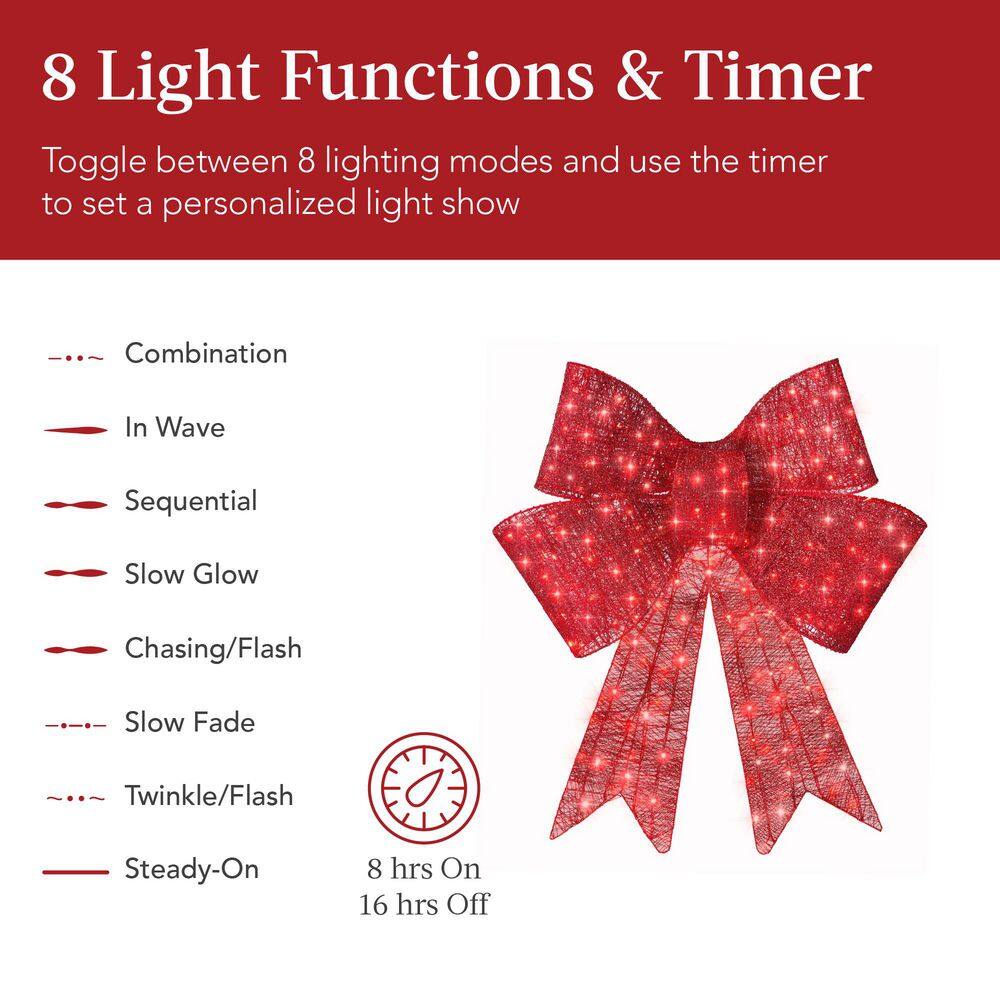 Best Choice Products 36 in. Pre-Lit XL Christmas Bow, Large Outdoor Decoration with 8 LED Light Functions and Hook D9 - 716