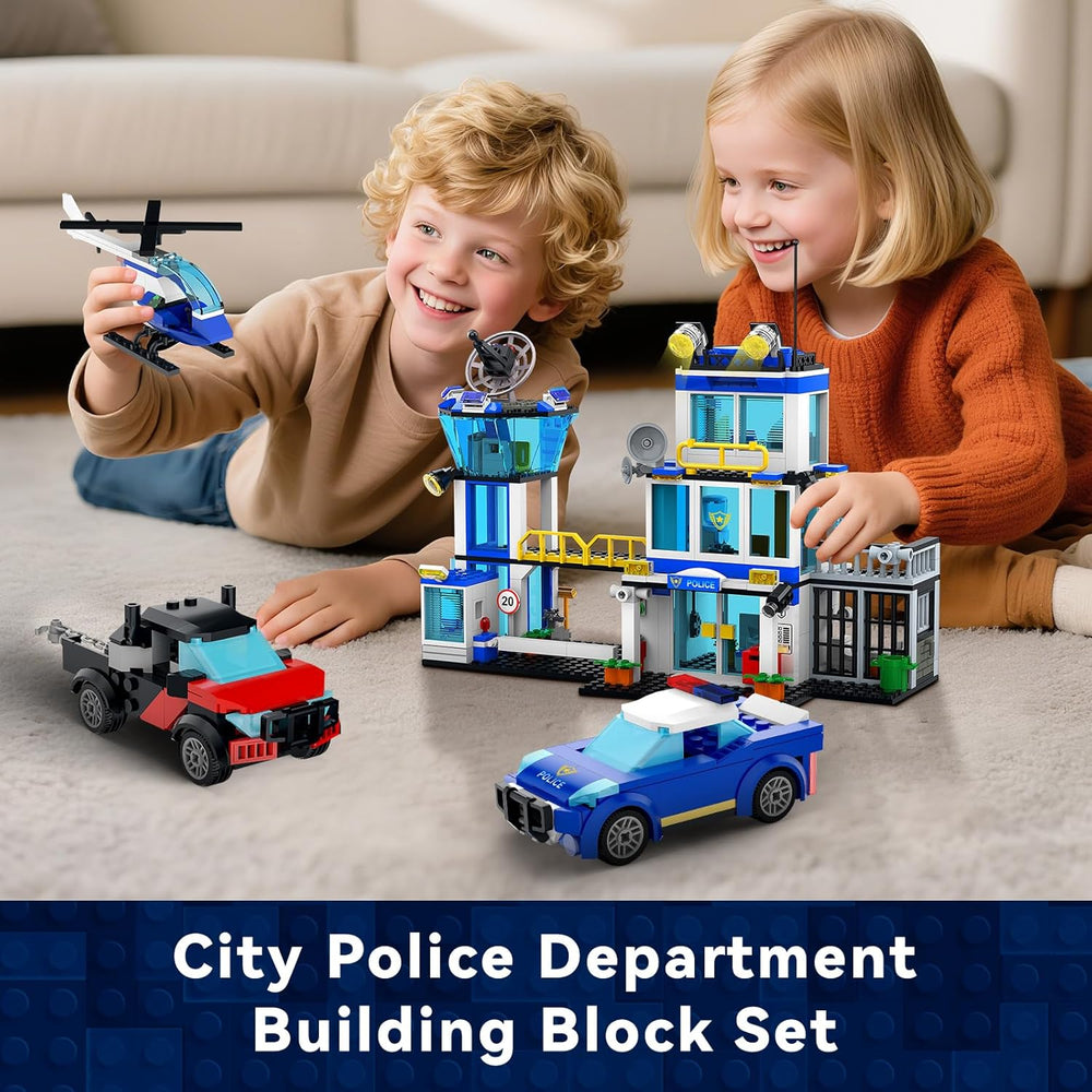 City Police Station Building Block Set with Light, 634 PCS HQ Station Kits with Helicopter, Police Car and Motorcycle. Ideal as a Birthday Holiday Collectible Gift for 6+ Fans, Boys and Girls 1293