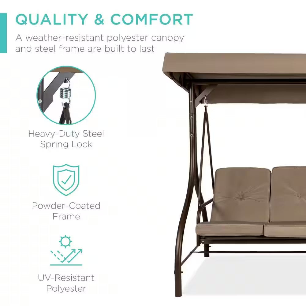 3-Person Metal Patio Swing with Desert Taupe Cushion -D1-0421