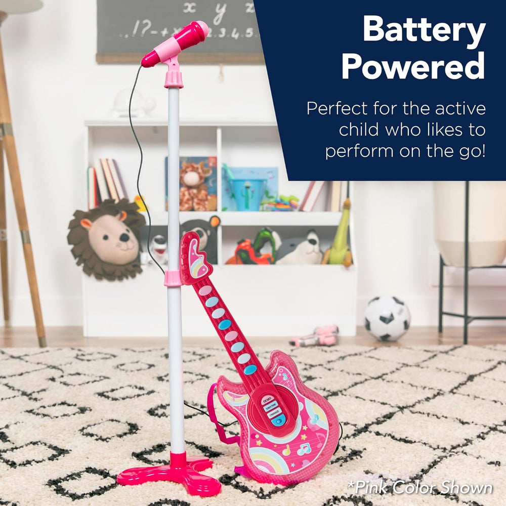 Best Choice Products 19in Kids Toy Guitar, Pretend Play Musical Instrument Toy for Toddlers w/Mic, Stand, 8 Demo Songs, Lights & Sounds - Blue - B2 - 1049
