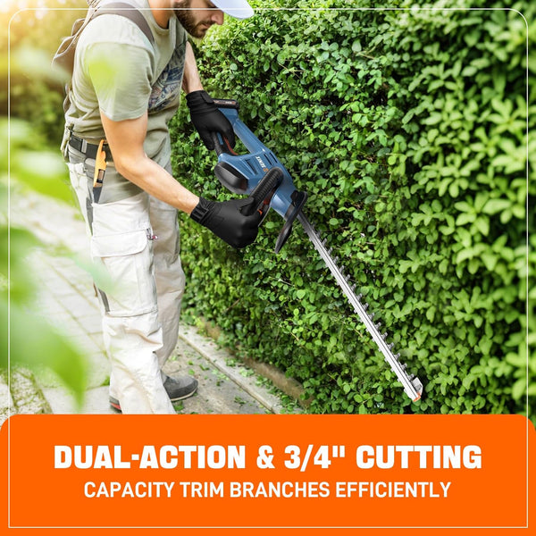 SENIX X2 20 Volt Max* 21-Inch Battery Powered Cordless Hedge Trimmer, Brushless Motor, Double-Sided Dual Action Blades, 3/4" Cutting Capacity, Includes Blade Cover, 2.5 Ah Battery & Charger (HTX2-M) 2000