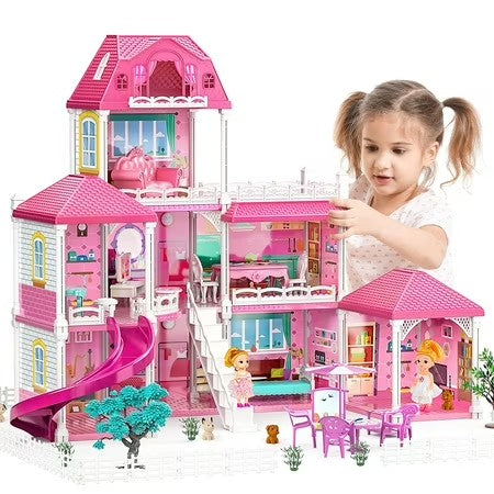Freecat 3-Story 8 Rooms Playhouse, with 2 Dolls Toy Figures, Dream House Doll House 7-8 for Girls, for Girl Boy Toys Age 3+ 303 - C1