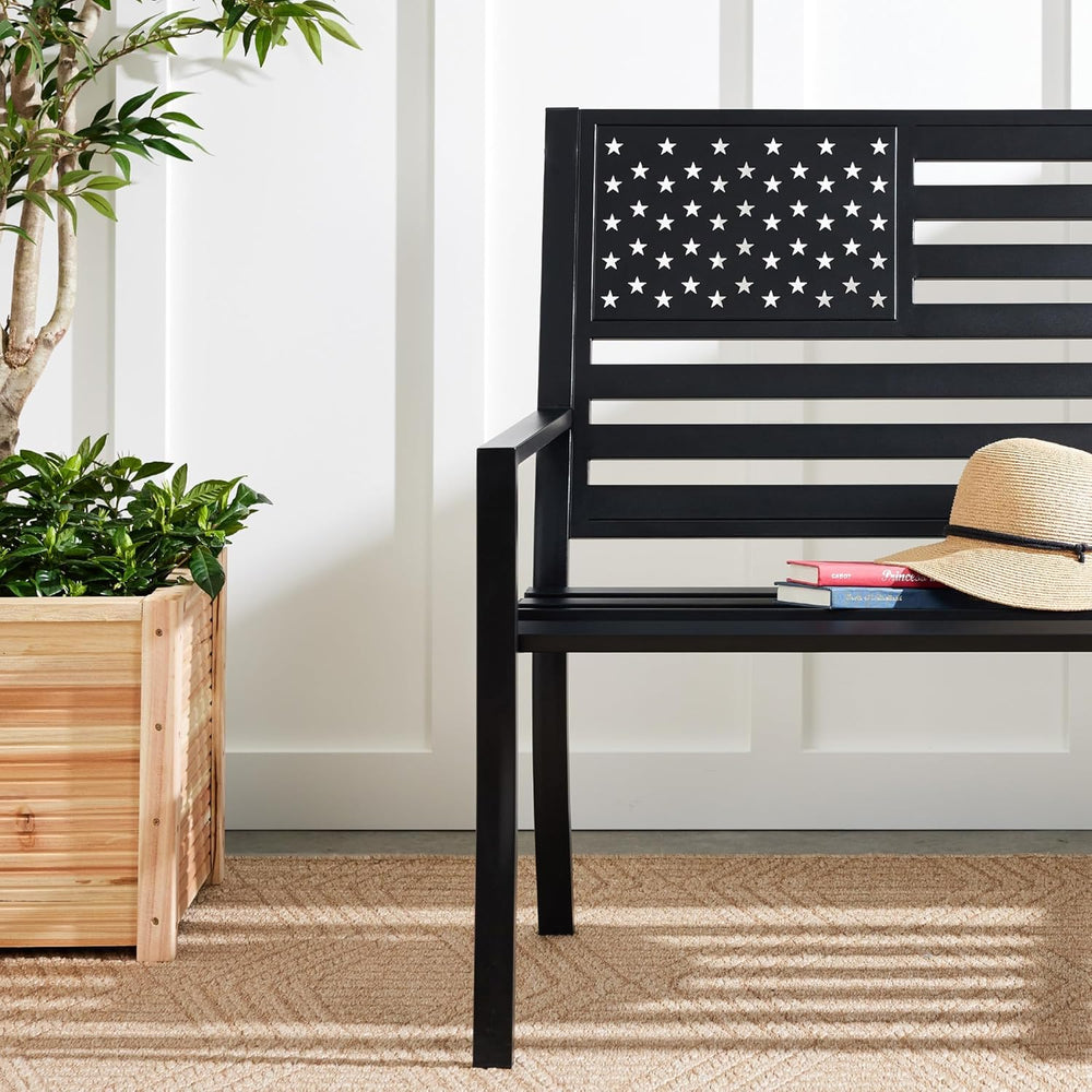 Best Choice Products Outdoor Bench 2-Person Steel Indoor/Outdoor Bench for Garden, Patio, Porch, Entryway w/American Flag, 790lb Capacity   Black - D5 - 1456