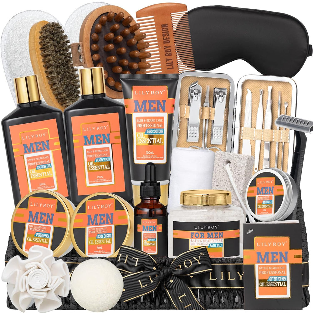 27Pcs Valentines Day Gifts Spa Gift Basket for Men - Bath and Body Gift Basket Set for Dad with Massager | Perfect Gifts for Christmas, Fathers Day, Birthday Gift Beard Bath Spa Gift Set for Men 1300