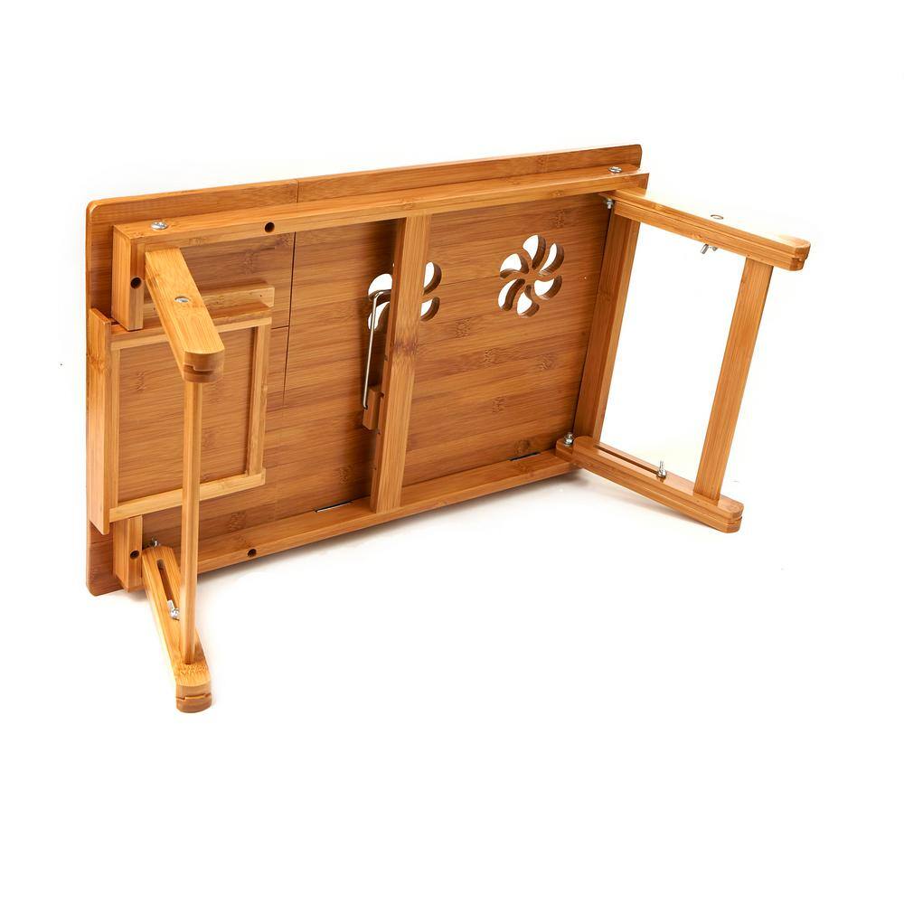 Bamboo Laptop Bed Tray with Drawer and Adjustable Top, Legs, Cooling Holes in Brown -A4-1037