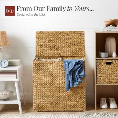 Best Choice Products Large Natural Water Hyacinth Double Laundry Hamper Basket w/ 2 Liner Bags, Handles - Gray - A6 - 463