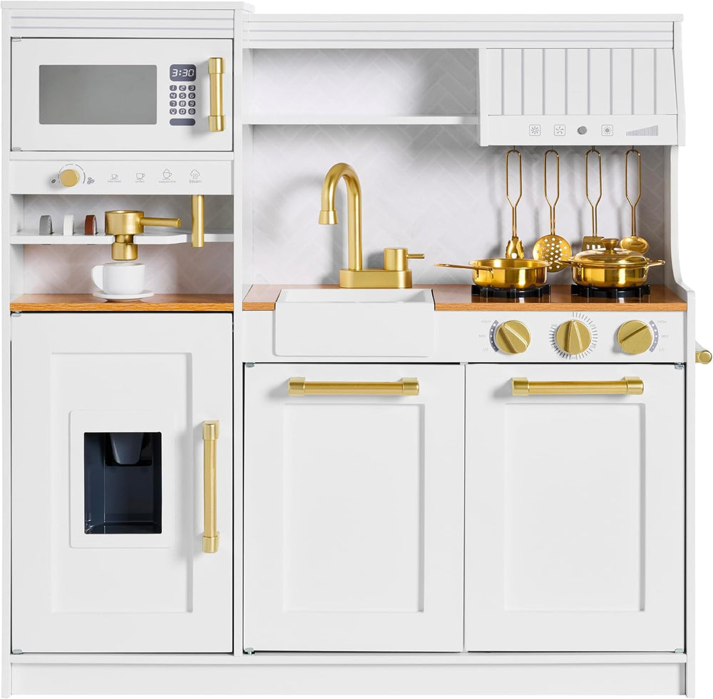 Best Choice Products Toddler Kitchen Playset with Pretend Play Espresso Machine, Interactive Wooden Kids Play Kitchen Equipped with Toy Storage and 17 Accessories - White - G7 - 960