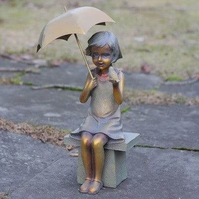 Roman 17.5" Girl Sitting with Umbrella and Bird Outdoor Patio Garden Statue - Gold/Bronze - E11 - 241