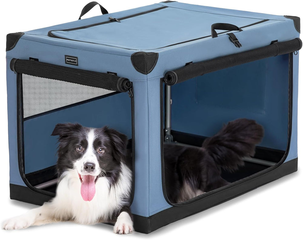 PETSFIT 36" Soft Portable Dog Crate   Patented Spiral Sturdy Frame, Collapsible Travel Kennel for Medium & Large Dogs, 3 Mesh Door, Lockable Zippers, Indoor & Car Use Blue - J3 - 1981