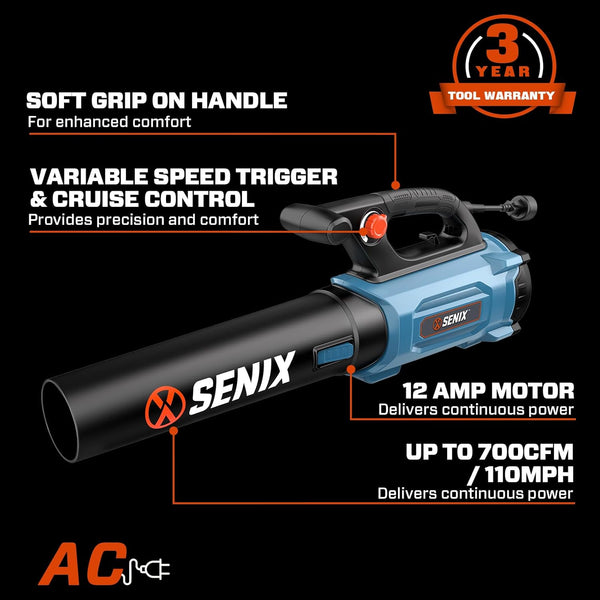 SENIX 12 AMP Handheld Electric Leaf Blower, Up to 700 CFM and 110 MPH, Variable Speed, Lightweight, 120v (BLAE12-M) 1845