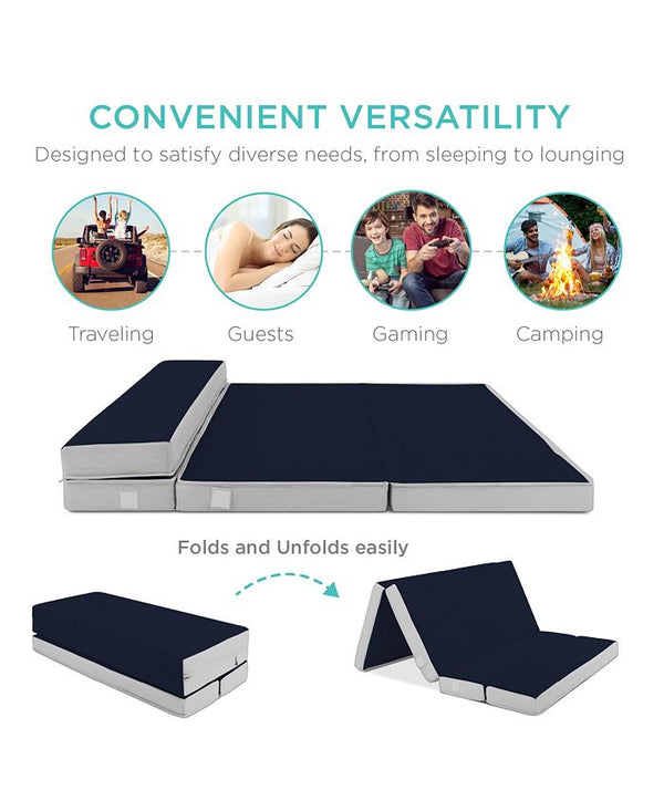 Best Choice Products 4in Thick Folding Portable Midnight Blue Mattress Topper w/ Carry Case, Washable Cover - Blue - Twin XL - C1 - 998