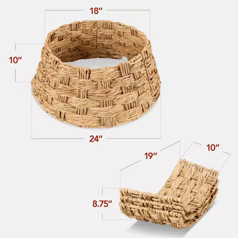 24 in. Basket Woven Hyacinth Christmas Cellulose Tree Collar, Skirt Accessory with Cord Cut-Out in Natural - B10 - 1474