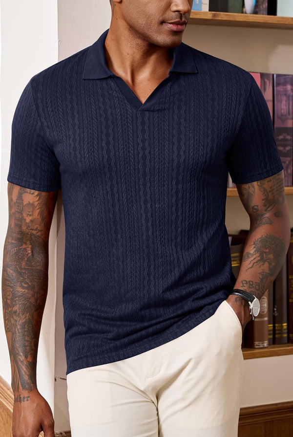 Men Johnny Collar Textured Polo Shirt Cable Knit Stretch Casual Shirts XL - 1903