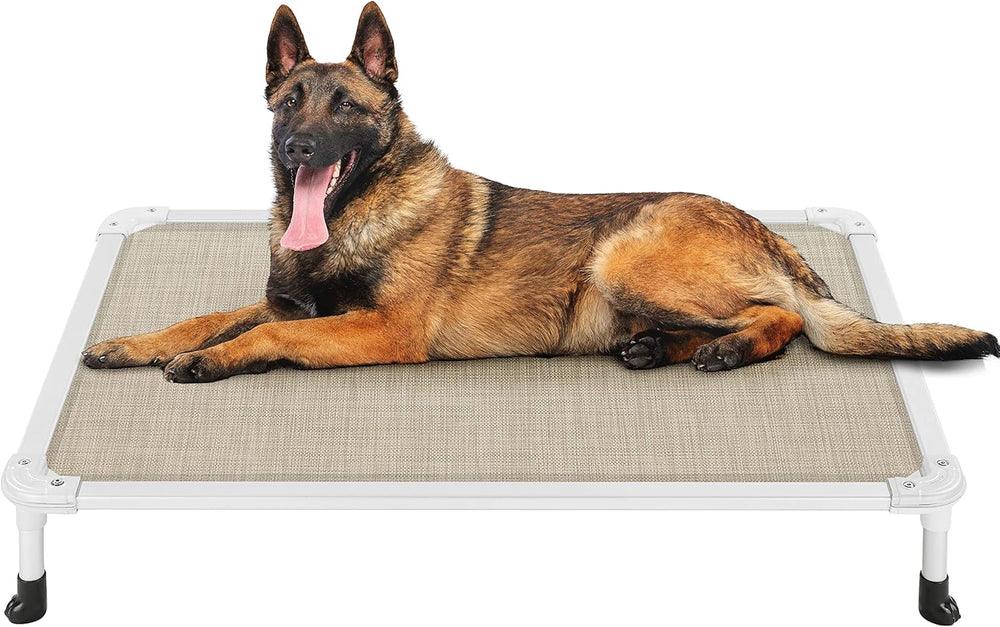 Veehoo Chew Proof Elevated Dog Bed - Cooling Raised Pet Cot - Silver Aluminum Frame and Durable Textilene Mesh Fabric, Unique Designed No-Slip Feet for Indoor or Outdoor Use, Beige Coffee, Large - J4 - 1993