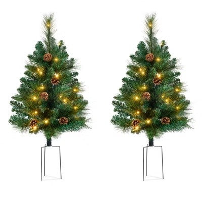 Best Choice Products Set of 2 24.5in Outdoor Scotch Pine Pathway Christmas Trees Decor w/ LED Lights, Pine Cones -E3-1660