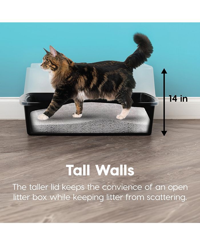 IRIS USA Extra Large Open Top Cat Litter Box with Scatter Shield, Sturdy Easy to Clean Open Air Kitty Litter Pan with Tall Spray, Black - Black - ONE SIZE - J1 - 1659