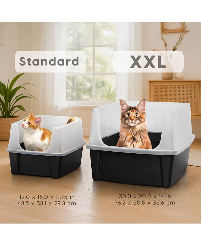 IRIS USA Extra Large Open Top Cat Litter Box with Scatter Shield, Sturdy Easy to Clean Open Air Kitty Litter Pan with Tall Spray, Black - Black - ONE SIZE - J1 - 1659