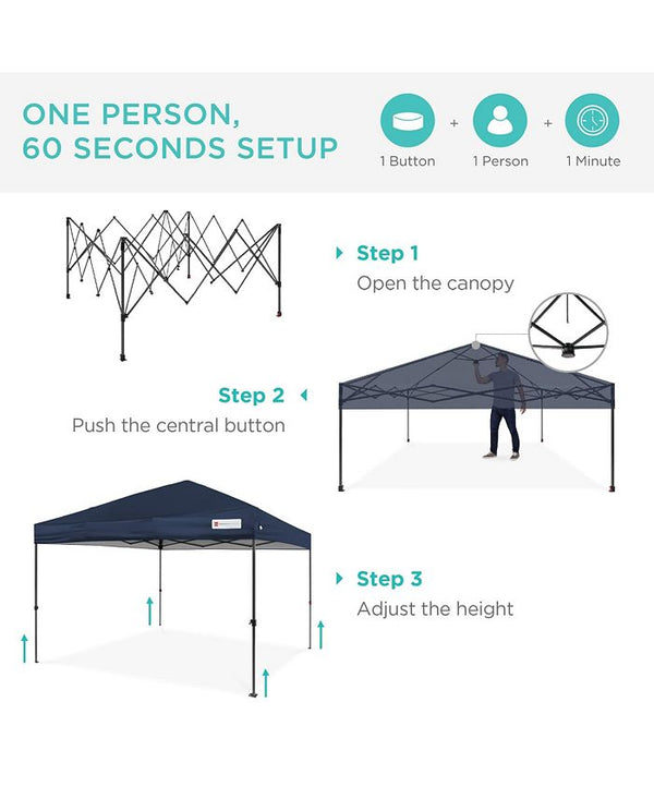 Best Choice Products 10x10ft Easy Setup Pop Up Canopy w/ 1-Button Setup, Wheeled Case, 4 Weight Bags - Blue - L8 - 1567