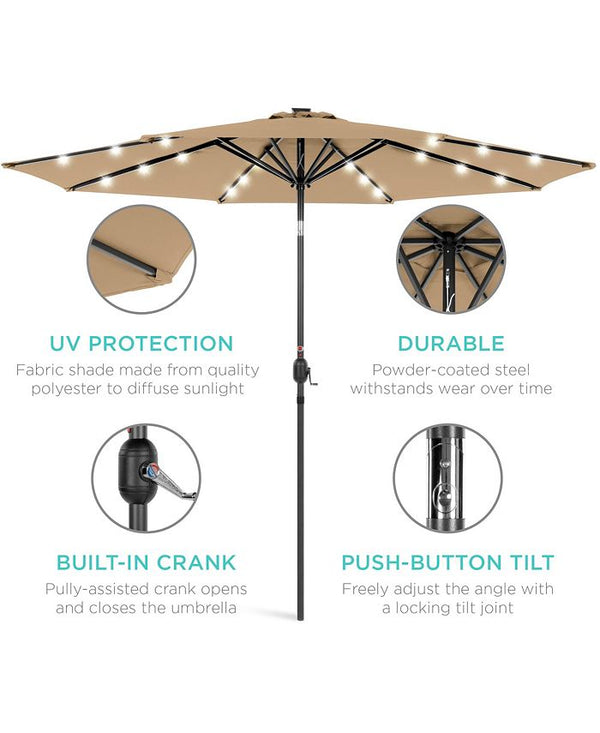 Best Choice Products 10ft Solar LED Lighted Patio Umbrella w/ Tilt Adjustment, UV-Resistant Fabric - Tan/Beige - J1 - 1372
