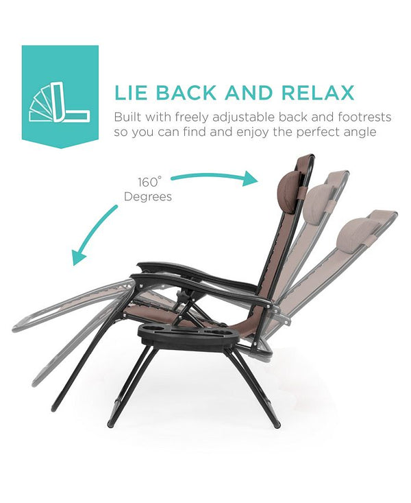 Best Choice Products Set of 2 Zero Gravity Lounge Chair Recliners for Patio, Pool w/ Cup Holder Tray - Brown - D11 - 602