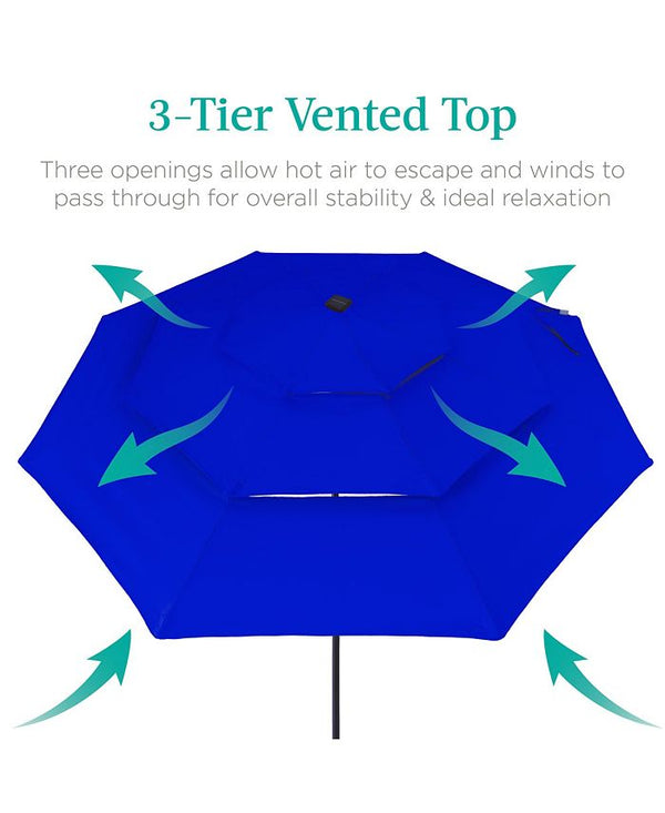 Best Choice Products 10ft 3-Tier Solar Patio Umbrella w/ 24 LED Lights, Tilt Adjustment, Easy Crank - Blue -J1 - 1361