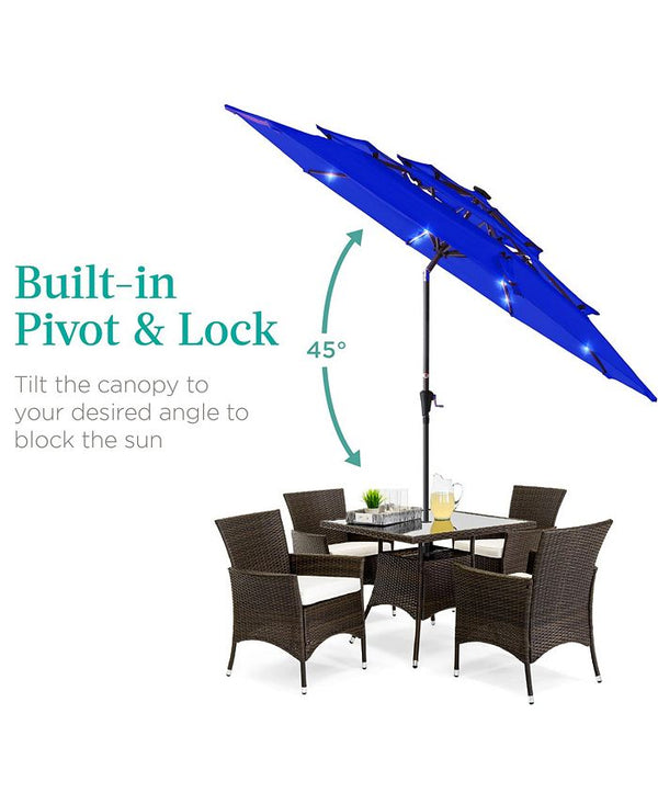 Best Choice Products 10ft 3-Tier Solar Patio Umbrella w/ 24 LED Lights, Tilt Adjustment, Easy Crank - Blue -J1 - 1361