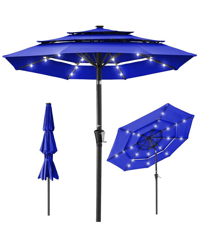 Best Choice Products 10ft 3-Tier Solar Patio Umbrella w/ 24 LED Lights, Tilt Adjustment, Easy Crank - Blue -J1 - 1361