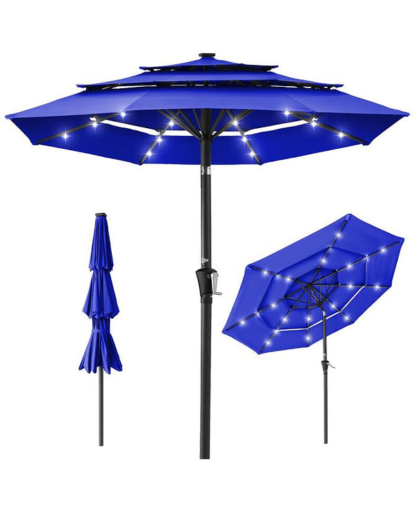 Best Choice Products 10ft 3-Tier Solar Patio Umbrella w/ 24 LED Lights, Tilt Adjustment, Easy Crank - Blue -J1 - 1361