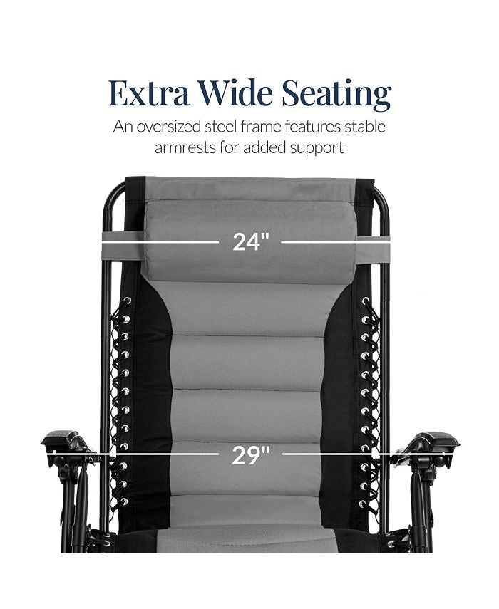 Best Choice Products Oversized Padded Zero Gravity Chair, Folding Outdoor Patio Recliner w/ Side Tray - Gray - E4 - 987