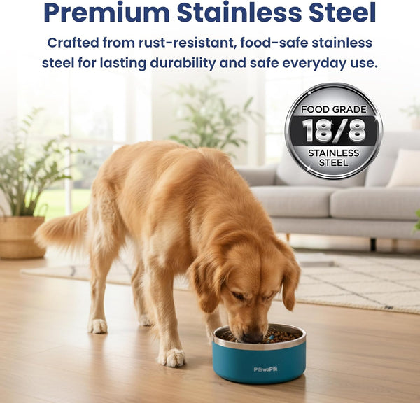 PawsPik 64oz 18/8 Stainless Steel Slow Feeder Dog Bowl, Double-Wall Non-Slip Metal Dog Bowl for Fast Eating Medium & Large Breeds, Detachable Slow Feeder Insert, Dishwasher Safe (Midnight Summit Blue) - L10 - 1650
