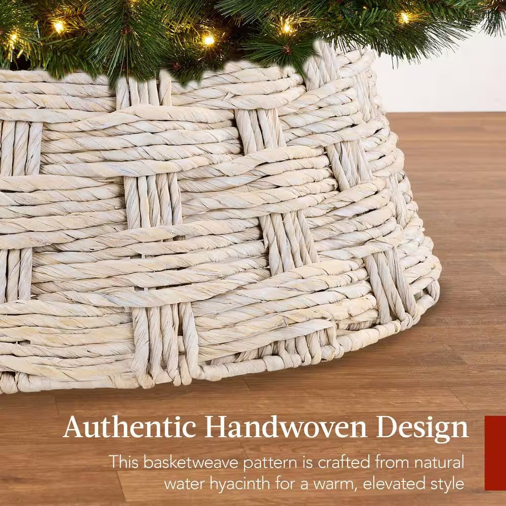 24 in. Basket Woven Hyacinth Christmas Cellulose Tree Collar, Skirt Accessory with Cord Cut-Out in White Washed -E3-1946
